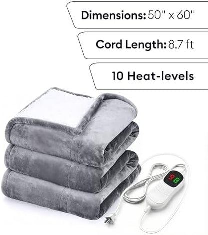 GENIANI Heated Blanket Electric Throw 50"x60" – Safe Electric Heating Blanket with Auto Shut-Off & Overheat Protection, 10 Heat Settings, Washable Heated Throw for Couch, Bed, Office & Dorm
