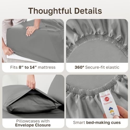 Soft Natural 100% Cotton Sateen King Size Sheets Set, 4 Pc Set, Misty Grey