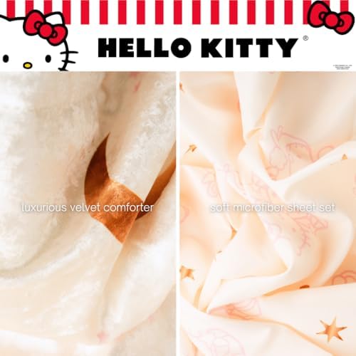 Lux Hello Kitty Velvet Bedding 7 Piece Super Soft Cozy Reversible Comforter and Sheet Set with Sham & Tote Bag, Full, (Officially Licensed Product) By Franco