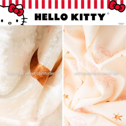 Lux Hello Kitty Velvet Bedding 7 Piece Super Soft Cozy Reversible Comforter and Sheet Set with Sham & Tote Bag, Full, (Officially Licensed Product) By Franco
