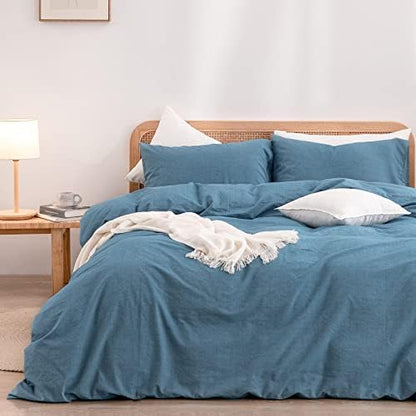 BESTOUCH Cotton Solid Duvet Cover Set Linen Feel Dark Blue King