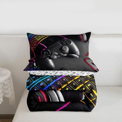 Feelyou Gamer Bedding Set Soft for Boys Girls, Gaming Comforter Set Full Size Game Room Decor Duvet Quilt Microfiber Gamepad Bedroom Decor Purple Yellow 3 Pcs with 2 Pillow Cases