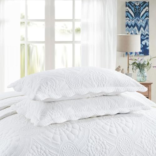 MarCielo 100% Cotton Quilt Set - 3-Piece Embroidered Farmhouse Bedspread & Shams, All-Season Breathable Bedding (Tf Bright White,Queen)