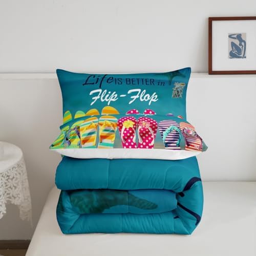 Ocean Beach Bedding Set King Size Colorful Flip Flops Comforter Set 3pcs Retro Summer Holiday Themed Quilted Duvet for Kids Teens Room Decor Women Men Romantic Hawaii Duvet Insert,2 Pillowcases