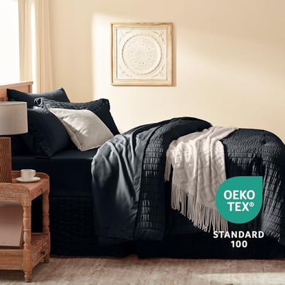 Laojin Balhen Full Size Comforter Sets 7 Pieces, Black Seersucker Bed in a Bag Set Full Size, All Season Luxury Bedding Sets with Comforter, Sheets, Pillowcase & Sham