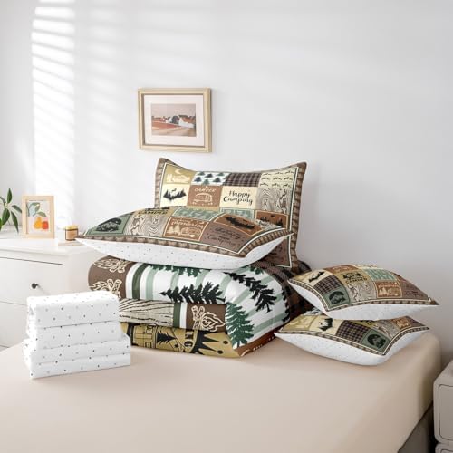 Erosebridal 7 Piece Rv Camper Full Bedding Set for Kids Adult,Woodland Camping Comforter Set Rustic Cabin Decor,Buffalo Plaid Bed in a Bag with Sheets,Travel Trailer Bed Set with Pillowcases