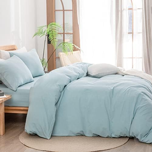 BESTOUCH Cotton Solid Duvet Cover Set Linen Feel Hushed Green Full