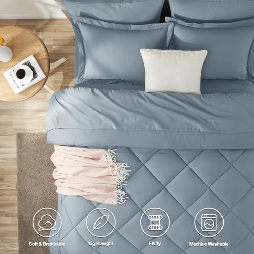 CozyLux Super King Plus Comforter Set 128"x120", 7 Piece, Dusty Blue