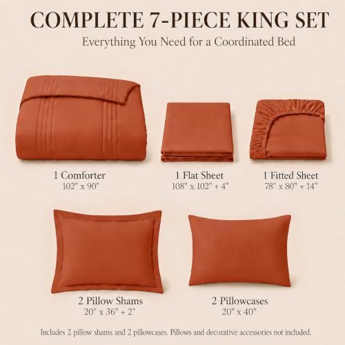 CozyLux King Size Comforter Set Burnt Orange- 7 Pieces Bed in a Bag