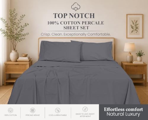 ZOYER 100% Cotton Sheets – California King Percale Bedding, Cooling & Breathable, Durable with a Crisp, Soft & Comfortable Feel, 14" Deep Pocket, 4-Piece Set, Smoked Pearl