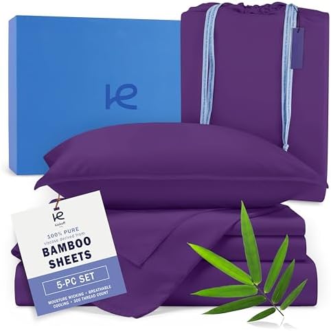 Kickoff Viscose Bamboo Sheets Split King Size 5-pc 100% Organic Bamboo Viscose Bed Cooling Sheets Split King Size Set Cool Bedding for hot Sleepers Sheet Set - Gift Ready Packaging (Purple, SK)