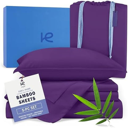 Kickoff Viscose Bamboo Sheets Split King Size 5-pc 100% Organic Bamboo Viscose Bed Cooling Sheets Split King Size Set Cool Bedding for hot Sleepers Sheet Set - Gift Ready Packaging (Purple, SK)