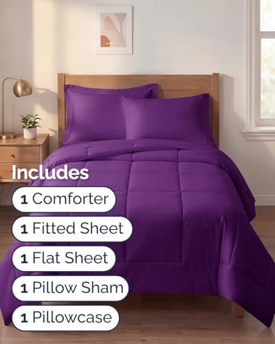 Twin XL Comforter Set - 5 Piece Bed in a Bag Twin XL Size Bed Set - Purple