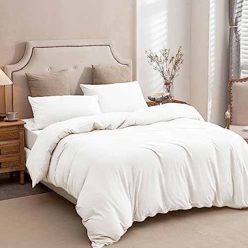 PURE ERA Jersey Knit Duvet Cover Set 100% T-Shirt Cotton Super Soft Comfy 3pc Bedding Set with Zipper Closure (Solid Bright White, King)