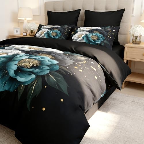 CCoutueChen Kids Twin Size Vintage Floral Comforter Set, 2 Pcs Teal and White Botanical Flowers Soft Bedding, Warm Microfiber Luxury Gold Accent Bed Set with 1 Pillowcase, 68"x86"