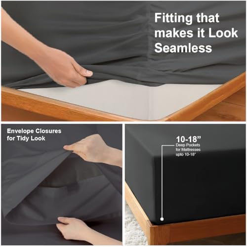 NON Sticky cotton Adjustable Split King Sheet Set for Sleep Number Beds, Premium 100% Long Staple Cotton Bedding, Two Twin XL 39" X 80" Fitted Sheets Fits Up to 18" Deep Mattress, Dark Grey Solid