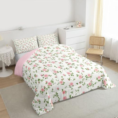 jejeloiu Pink Rose Flower Kids Comforter Set Toddler Size Cute Floral Bedding Set Botanical Duvet Quilt for Kids Boys Girls Bedroom Blossom Flowers Pattern Decor Microfiber Ultra Soft Breathable