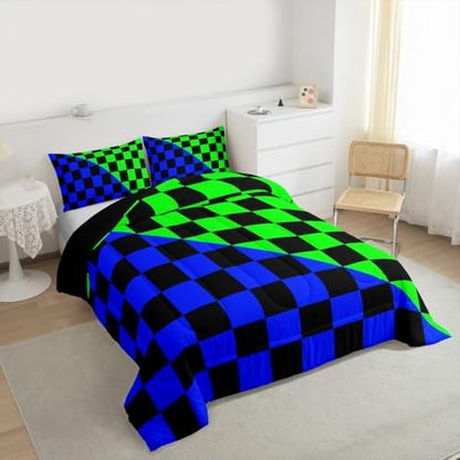 Feelyou Checkered Retro Comforter Set All Season Modern Geometric Cute Bedding Set with 1 Pillow Cases Blue Green Kids Toddler Bedclothes Vintage Simple Groovy Aesthetic Bedroom Decor Duvet Quilt