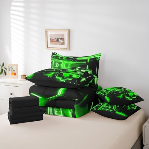Feelyou Speed Sports Car Comforter Set with Sheets Twin Size Kids Race Car Honeycomb 7 Pieces Bedding Set for Boys Girls Teens Racing Car Bed in a Bag Extreme Sports Bed Set Green Black
