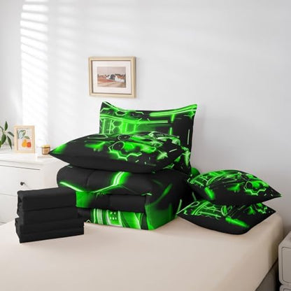 Feelyou Speed Sports Car Comforter Set with Sheets Twin Size Kids Race Car Honeycomb 7 Pieces Bedding Set for Boys Girls Teens Racing Car Bed in a Bag Extreme Sports Bed Set Green Black