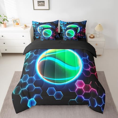 Erosebridal Tennis Full Bedding Set - 3D Glitter Ball Pattern Bed in A Bag,Colorful Neon Honeycomb Comforter Sets with Sheets, Geometric Hexagon 7 Pieces Bed Set Bedroom Decor