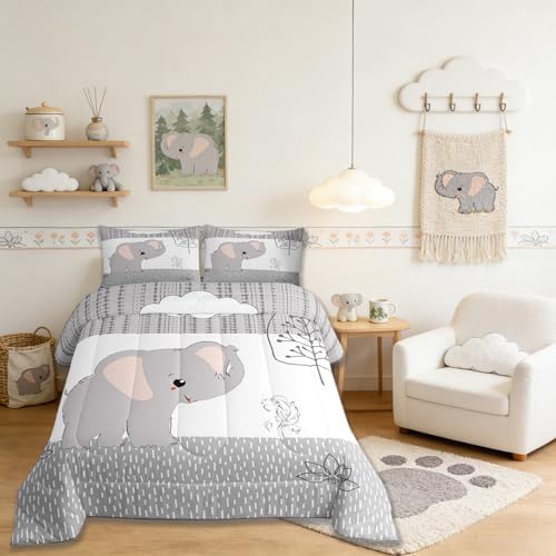 Castle Fairy Cartoon Elephant Bedding Comforters Queen Size,Kawaii Cute Wild Animal Comforter Set with 2 Pillowcases,Grey White Tree Cloud Flower Children Adult Polyester Duvet Set 3pcs