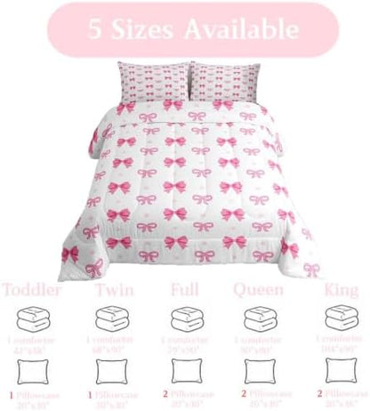 jejeloiu Bowknot Bedding Set Soft for Boys Girls, Pink Bow Comforter Set Queen Size Bow-tie Duvet Quilt Microfiber Dreamy Princess Bow Bedroom Decor 3 Pcs with 2 Pillow Cases