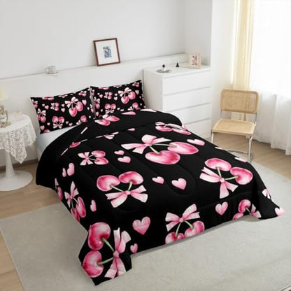Cherry Bowknot Kids Comforter Set Queen Size,Pink Bow Tie Butterfly Knot Princess Bedding Set,Girls Boys Room Decor,Love Heart Geometric Patchwork Quilt Comforter,Dreamy Duvet Insert,2 Pillowcases
