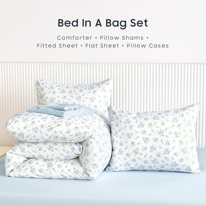 Wake In Cloud - Floral Comforter Set with Sheets, Coquette Cottagecore Aesthetic Flower Shabby Chic Pattern for Women Teen Girls, 7 Pieces Bed in a Bag, White Blue, Full Size