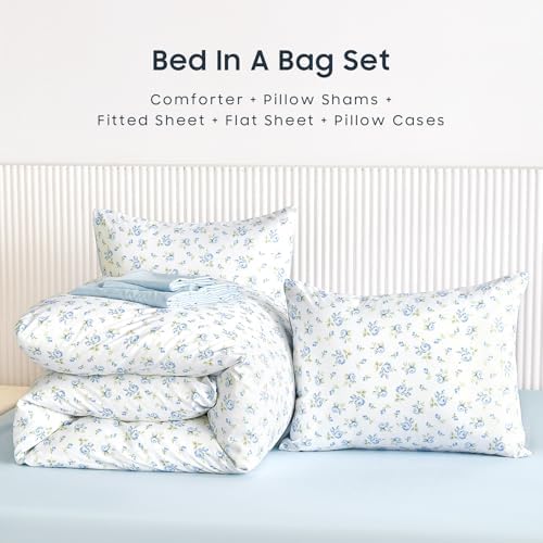 Wake In Cloud - Floral Comforter Set with Sheets, Coquette Cottagecore Aesthetic Flower Shabby Chic Pattern for Women Teen Girls, 7 Pieces Bed in a Bag, White Blue, King Size