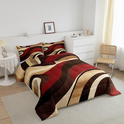 Feelyou Red Burgundy Brown Bedding Set King Size Geometric Comforter Set for Kids Boys Girls Decor Stripes Comforter Microfiber Modern Abstract Duvet Set Bedroom Quilt Set