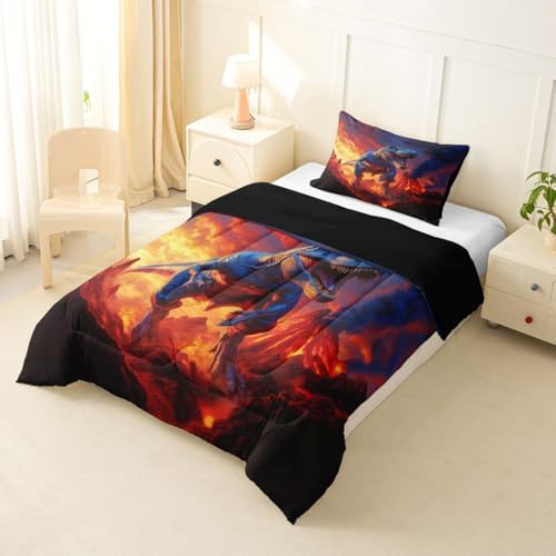 Feelyou Kids Dino Bedding Set Soft for Boys Girls, Dinosaur Comforter Set Twin Size Ancient Jungle Dinosaur Duvet Quilt Microfiber Volcano Bedroom Decor Yellow Red 2 Pcs with 1 Pillow Cases