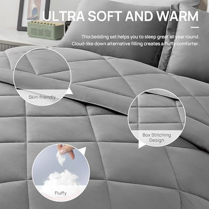 Love's cabin Full Comforter Set Grey, 7 Pieces Full Bed in a Bag, All Season Bedding Sets with 1 Comforter, 1 Flat Sheet, 1 Fitted Sheet, 2 Pillowcase and 2 Pillow Sham