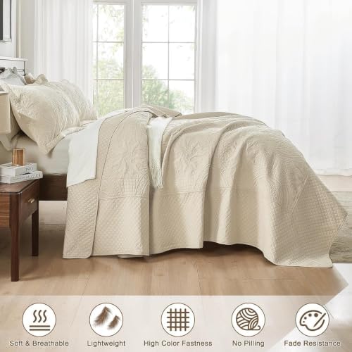 Qucover Queen Bedspread Medallion Pattern Quilt Bedding Set 3 Piece Beige