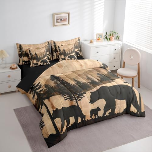 Rustic Bear 7 Pcs Bedding Set King Size,Hunting Cabin Lodge Bed in a Bag,Watercolor Mountain Trees Bed Set Includes Comforter,Sheet Set,Pillowcases & Pillow Covers,Wooden Plank Farmhouse Bedroom Decor