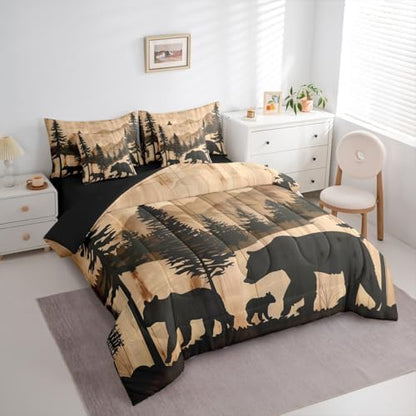 Rustic Bear 7 Pcs Bedding Set Twin Size,Hunting Cabin Lodge Bed in a Bag,Watercolor Mountain Trees Bed Set Includes Comforter,Sheet Set,Pillowcases & Pillow Covers,Wooden Plank Farmhouse Bedroom Decor