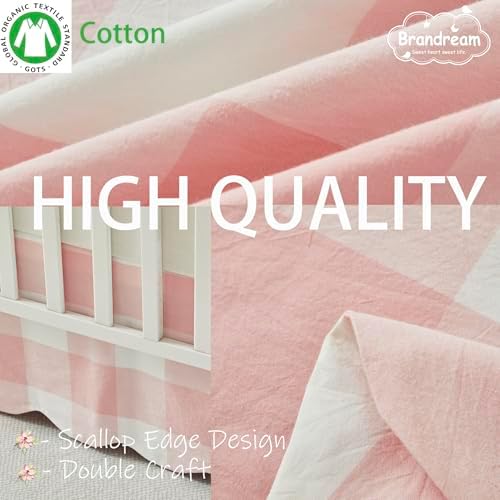 Brandream Scallop Edge Cotton Crib Skirt, Baby Boy Girl Gender Neutral Crib Skirt Toddler Bedskirt Farmhouse Chic Nursery Crib Bed Skirt, Boho Bohemian Light Pink Plaid Gingham