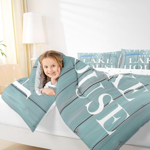 Lake House Comforter Set Full Size, Rustic Cabin Farmhouse Style Bedding Set 3pcs, Retro Wooden Plank Lake Theme Down Comforter for All Season, Kids Boys Girls Room Decor, 2 Pillowcases, No Sheets