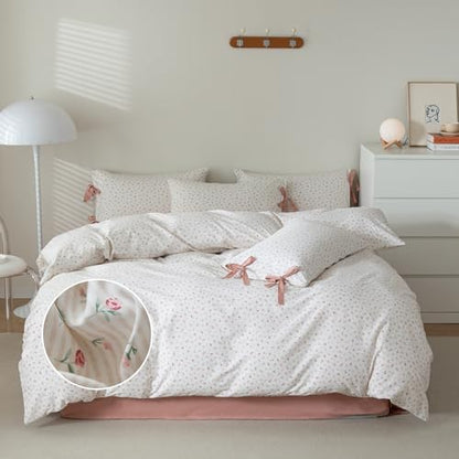 mixinni White Flower Pattern Duvet Cover Queen Cottage Pink Floral Stripes Duvet Cover Set 100% Cotton Bedding Set with Zipper Ties Bowknot Pillowcases, Easy Care, Soft and Breathable-Queen Size
