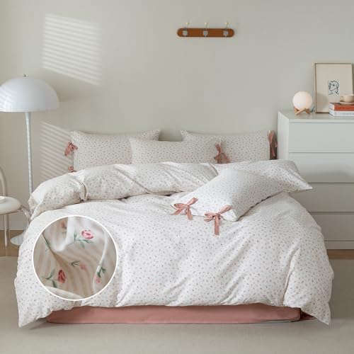 mixinni White Flower Pattern Duvet Cover King Pink Floral Stripes Duvet Cover Set 100% Cotton Bedding Set with Zipper Ties Bow Tie Pillowcases, Easy Care, Ultra Soft and Breathable-King Size