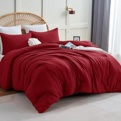 CozyLux Oversized King Comforter Set, 3 Pieces Dark Red Quilted Bedding