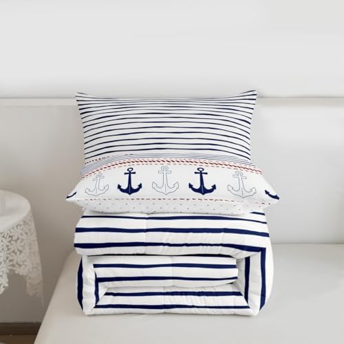 Boys Geometric Striped Bedding Set Navy Blue Anchor Comforter Set Twin Size Nautical Themed Quilted Duvet 2pcs for Kids Teens Men Adults Room Decor Sea Adventure Duvet Insert White,1 Pillowcase