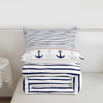 Boys Geometric Striped Bedding Set Navy Blue Anchor Comforter Set Twin Size Nautical Themed Quilted Duvet 2pcs for Kids Teens Men Adults Room Decor Sea Adventure Duvet Insert White,1 Pillowcase