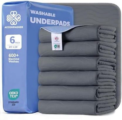 Accompagner Incontinence Bed Pads Washable Waterproof, Ultra-Absorbent Reusable Underpads for Diaper Changing, Nursing, Bedridden, Adults, Seniors, Kids and Dogs (Dark Gray, 24"x24"(Pack of 6))