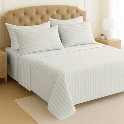 Mattress-Homes 6 Piece Cal-King Sheet Set, Hotel Luxury Collection, 100% Egyptian Cotton, 18 Inch Deep Pocket Fitted Sheet, Soft & Cool, Breathable Bedding with 4 Pillowcases in Ivory Stripe