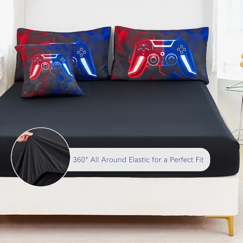URBONUR Gamer Queen Comforter Set for Teen Boys 6-Piece Kids Bed-in-a-Bag
