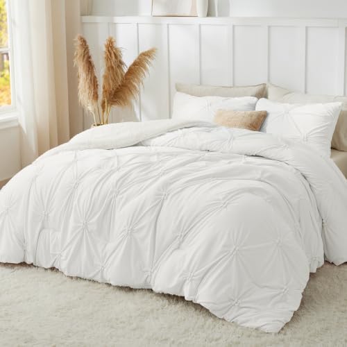 BEDELITE Fluffy Sherpa Queen Comforter Set,Pintuck-White
