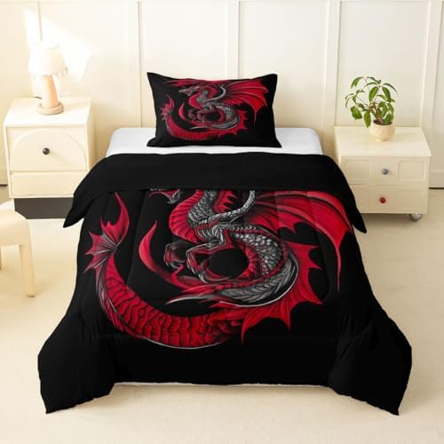 Feelyou Dragon Bedding Set Soft for Boys Girls, Wild Life Comforter Set Toddler Size Jungle Dragon Duvet Quilt Microfiber Red Black Bedroom Decor 2 Pcs with 1 Pillow Cases
