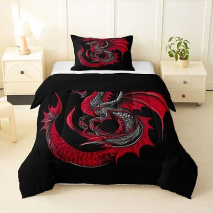 Feelyou Dragon Bedding Set Soft for Boys Girls, Wild Life Comforter Set Toddler Size Jungle Dragon Duvet Quilt Microfiber Red Black Bedroom Decor 2 Pcs with 1 Pillow Cases