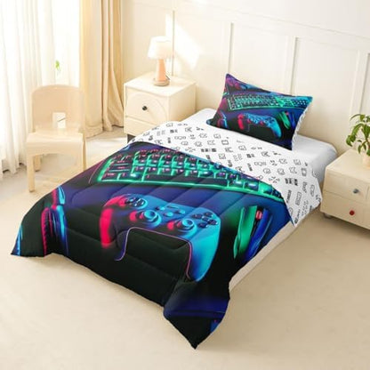 Feelyou Gamer Comforter Set All Season Gaming Bedding Set with 1 Pillow Cases Game Room Decor Microfiber Kids Twin Bedclothes Gamepad Bedroom Decor Green Duvet Quilt Breathable Soft Lightweight